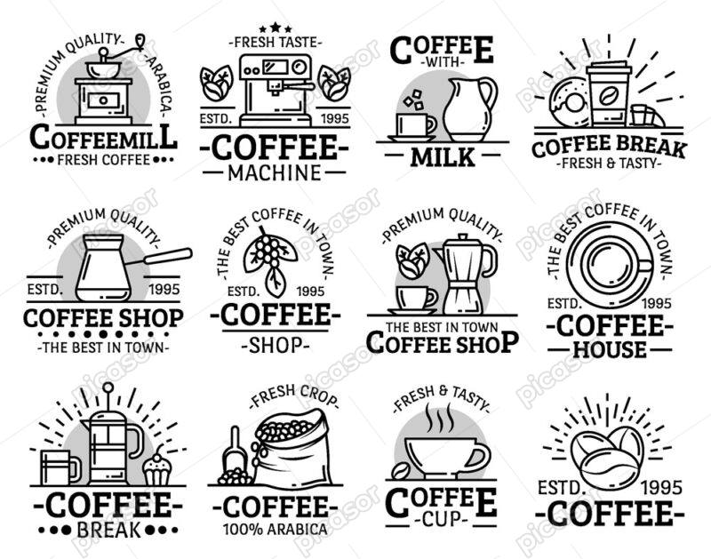 12 لوگو قهوه و کافه لوگو کافی شاپ، وکتور لوگو مرتبط با قهوه محصولات قهوه کافه و کافی شاپ