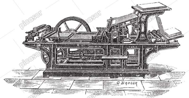وکتور نقاشی چاپخانه قدیمی با یک سیلندر طرح اسکچ