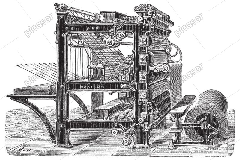 وکتور نقاشی ماشین چاپ روتاری مارینونی با رول کاغذی