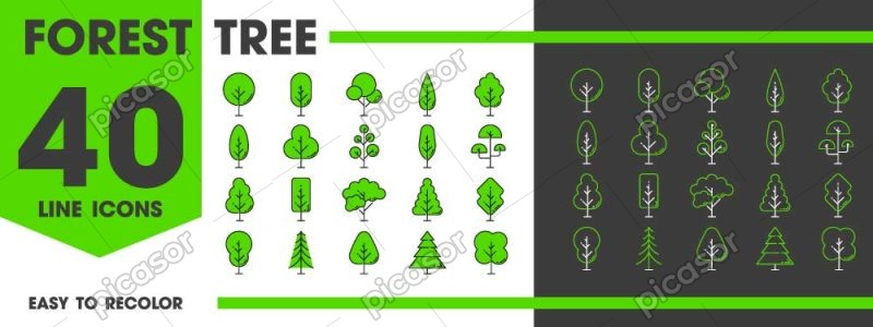 40 وکتور آیکون درخت خطی و توپر
