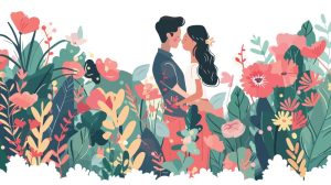 وکتور زمینه رمانتیک دختر و پسر کنار هم در طبیعت - وکتور زوج عاشق با گل
