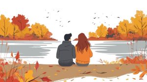 وکتور رمانتیک دختر و پسر کنار هم در طبیعت - وکتور تصویرسازی زوج عاشق کنار دریاچه در طبیعت