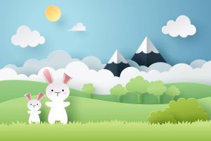 وکتور خرگوش مادر با بچه خرگوش زمینه کوه و جنگل طرح کارتونی