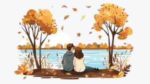 وکتور رمانتیک دختر و پسر کنار دریاچه در آغوش هم در طبیعت - وکتور تصویرسازی زوج عاشق در طبیعت