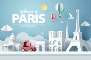 وکتور ماشین با زمینه برج ایفل پاریس - وکتور پس زمینه تور فرانسه و سفر به پاریس و آژانس مسافرتی سبک کاغذی