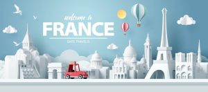وکتور ماشین با زمینه برج ایفل پاریس - وکتور پس زمینه تور فرانسه و سفر به پاریس سبک کاغذی