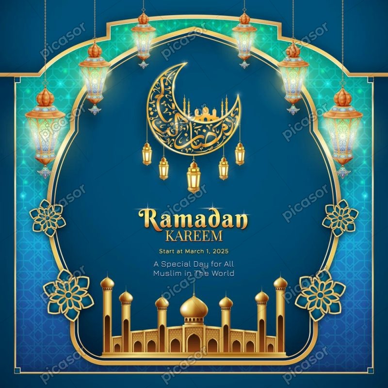 وکتور زمینه ماه رمضان با ماه و فانوس اسلامی - وکتور قاب ماه رمضان