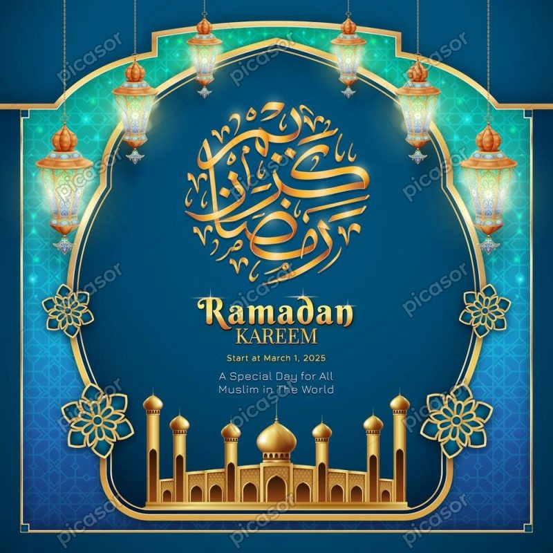 وکتور قاب ماه رمضان - پس زمینه مذهبی ماه رمضان با فانوس اسلامی