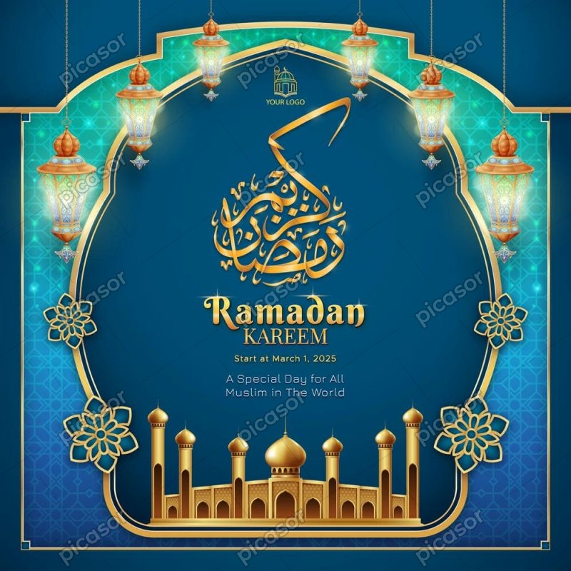 وکتور قاب مذهبی ماه رمضان - وکتور پس زمینه ماه رمضان با مسجد و فانوس اسلامی