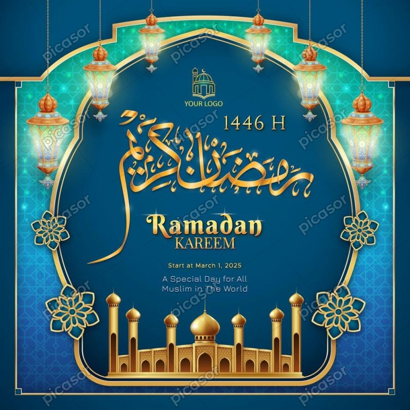 وکتور پس زمینه ماه رمضان با مسجد و فانوس اسلامی - وکتور قاب مذهبی ماه رمضان